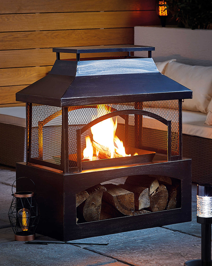 outdoor log burner with built-in storage