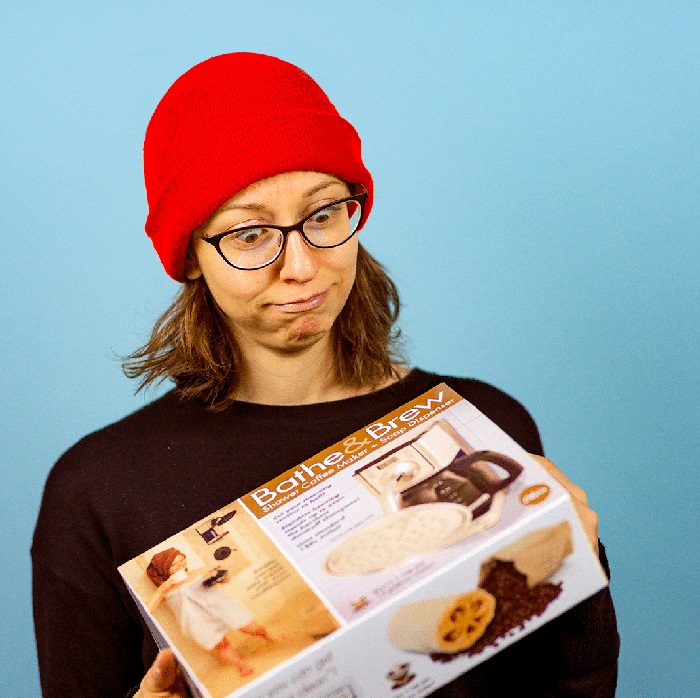 recipient confused reaction upon receiving shower coffee maker prank gift box